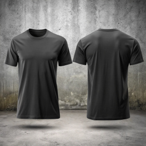 CAMISETA NEGRA EN EL PISO DETALLE. FRONTAL Y REVERSO FONDO PISO DE CONCRETO