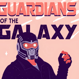 Promotional poster for Guardians of the Galaxy. Close-up of Chris Pratt as Star-Lord. Vibrant colors and intricate design, featuring the Marvel Studios logo.