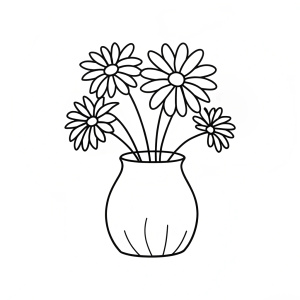 Create a black and white line drawing of a bunch of daisies in a short, wide vase with their thin stems and small leaves. The overall design should be clean and minimalistic, with bold, clear lines outlining the jar and its features.