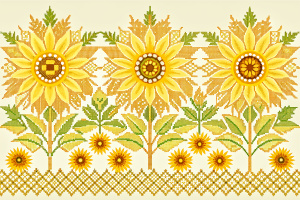 Random embroidery yellow sunflower border pattern. Vector ethnic Yellow sunflower pixel art seamless pattern. Ethnic yellow sunflower stitch pattern used for textile borders, wallpaper, cushions, carpet, upholstery, pastel color tone