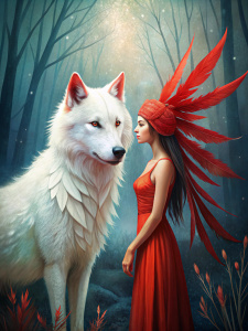 lobo blanco gigante junto a una mujer nativa americana, como conversando los dos, con plumas rojas en la cabeza, vestida todo de color rojo