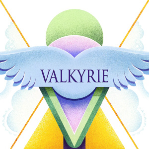 Modern logo design featuring Valkyrie. Mythical warrior maiden from Norse mythology. Teal color scheme. Clean lines and minimalist style. Logo features silhouette of Valkyrie's back with wings above the word 'Valkyrie' in matching teal. Plain white background.