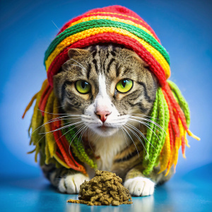 Um gato com peruca rastafari cheirando erva de gato