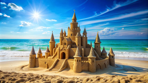 Sandcastle with multiple turrets and a moat, set against a sparkling blue sea || summer, sandcastle, beach, vacation, travel, holiday, childhood, play, sea, sunny, golden sand, fun, kids, happiness, turrets, creative, moat, ocean, leisure, outdoors