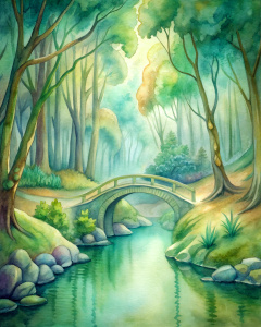 illustration, bridge, river in an enchanted forest