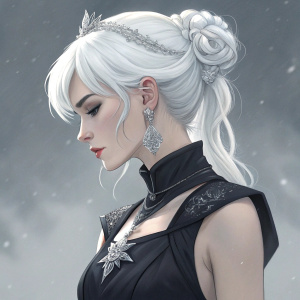 Digital art of Weiss Schnee from RWBY. Pale skin, high white hair, detailed facial features. Wearing black dress and silver accessories. Gray, minimalist background.