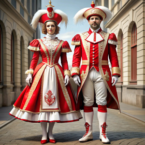 Rheinisches Prinzenpaar Karneval  in einem rot-weißen Kostüm mit Hut und Stiefeln, authentisches Kostüm, Kleid im Stil, hochwertiges Kostüm, hochwertiges Theaterkostüm, Kostüm, aufwendiges Kostüm, weiß und rote, wie französiche Stadtsoldaten, Kostüm mit Spitzen, photorealistisch, ganzkörper beider Personen