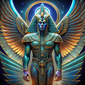 Stylized, futuristic bas-relief of an ancient Egyptian eagle with outstretched wings. Anatomical proportions. Bas-relief on a silver, metal wall. Around the bas-relief are ancient Egyptian golden hieroglyphs. Front view
