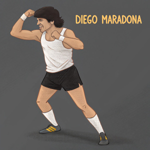 Illustration of Diego Maradona in a gym setting. Wearing a white tank top and black shorts. Confident pose with muscles flexed. Background is a solid grey color with a motivational quote overlay