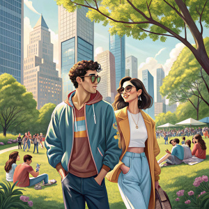 Dua Lipa and Isaac Carew hanging out in a trendy city park. They wear casual outfits, amidst bustling city life.