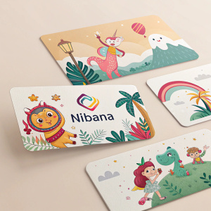 Designing playful business cards for Nibana. Vibrant cartoon-style illustrations. Whimsical creatures and elements. Soft beige background. Consistent layout and color scheme. Prominent brand name. Fun and creative brand identity.