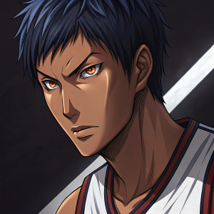 Close-up of Aomine Daiki from Kuroko's Basketball, intense expression. Fiery eyes. Dark background, contrasting white line across face.