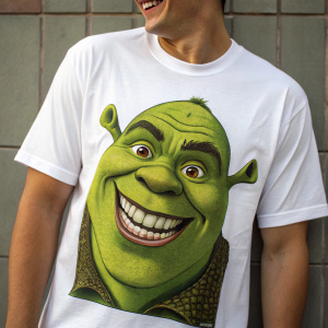 Shrek graphic t-shirt, featuring detailed green face with wide smile and eyebrows. Shot from above angle. White t-shirt with graphic centered on front.