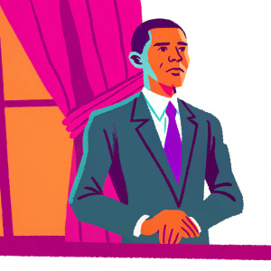 Wax statue of Barack Obama at Madame Tussauds London. Formal attire, dark suit, purple tie, serious expression.