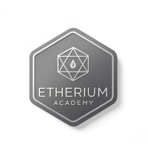 Logo for Etherium Academy. Modern, sleek design featuring a hexagonal symbol. Gray color scheme. Sans-serif font for the name.
