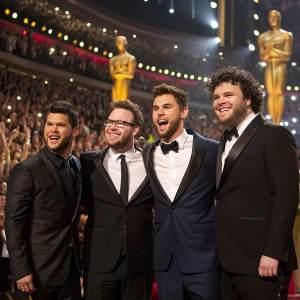 Taylor Lautner, Seth Rogen, Zac Efron, and Danny McBride on the stage at the Oscars. Audience is cheering