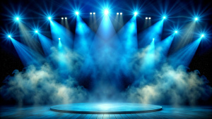 Illuminated stage with scenic lights and smoke. Blue vector spotlight with smoke volume light effect on black background. Stadium cloudiness projector, Generative AI