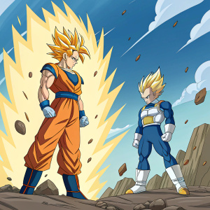 A vibrant manga panel from Dragon Ball Fusions. Goku and Vegeta fusion transform into Gogeta, standing against backdrop of intense battle scene. Detailed descriptions of fusion abilities and gameplay elements accompany the illustration.