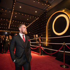 Conor McGregor at a luxurious boxing gala. Wearing a black suit and red tie, surrounded by VIP guests and press. Golden ring backdrop with illuminated boxing ring.