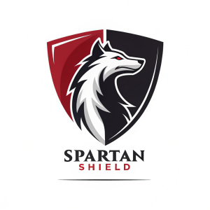 The Spartan Shield logo, a sleek design featuring a fierce wolf head centered on a bold shield. The shield is split into two halves - red and black. Below the shield, the company name 'Spartan Shield' is written in a powerful font. The overall design is minimalist and contemporary, set against a crisp white background.
