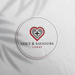Cout & Saviours Lakay, sleek logo design. Heart-shaped, gray and red color palette. Minimalist white background