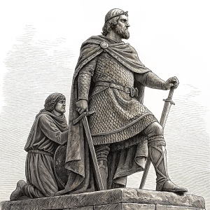 Engraved illustration of a statue depicting Hereward The Wake, an English outlaw hero from the 11th century. Detailed shading and lines show the intricate folds of his clothing and stance. The statue stands on a pedestal, with another figure supporting him gently.