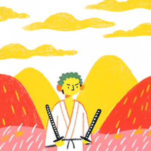 Roronoa Zoro from One Piece, detailed illustration. Brightly colored background, peaceful setting, serene mountain landscape.