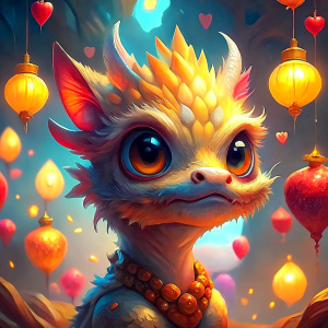 A majestic golden baby dragon with nice scales with piercing and captivating eyes and no ears. ((Open mouth)).The gold baby dragon is surrounded by an array of colorful Chinese lanterns, which cast a warm, festive glow over the scene.  In the background, an impressive fireworks display illuminates the night sky, contributing to the festive atmosphere. Realistic details, Ultra high definition