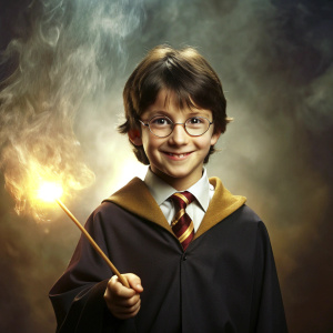 Create the Hogwarts student, Harry Potter, casting a spell and casting it with a big smile.