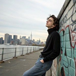 Timothée Chalamet, in a black turtleneck and casual jeans, leans against a graffiti wall. City skyline visible in the background.