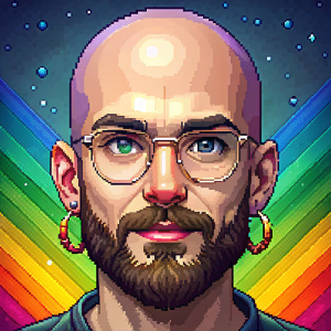 Pixel art anime styled Young-looking Slavic man with an oval-shaped head, high forehead, and completely bald, viewed from the side. He has a dark-blonde gray hair beard and short mustache, small upturned nose, grey-green expressive epicanthus eyes, and medium width lips. He wears modern glasses and a single metallic-colored earring with a blue stone. Rainbow splash background.