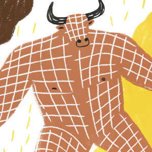 Digital art depicting a minotaur. Dynamic pose, stylized grid-like form, black background, white grid pattern overlaying muscular body, bull-like head.