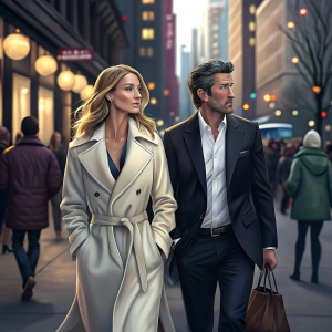 Rosie Huntington-Whiteley and Patrick Dempsey walking down a bustling city street. Rosie in a white trench coat, Patrick in a dark blazer. Background filled with pedestrians and city lights.