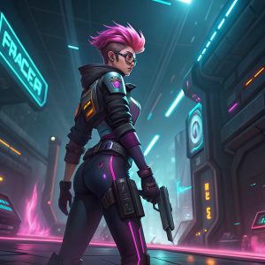 Tracer from Overwatch, with vibrant pink hair and determined look. In the middle of a futuristic battle arena