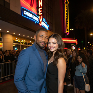 Charles Michael Davis and Danielle Campbell, both actors, posing at the opening night of a Broadway show. Charles wears a blue suit, Danielle in a black dress. Crowded theater lobby, neon signs visible