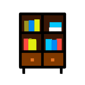 Brown bookcase, full of books of different colors