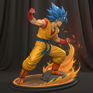 3D rendered model of Goku from Dragon Ball. Yellow gi, orange gloves, blue turban, and red fingerless gloves. Intense battle pose with fiery aura surrounding him. Vibrant colors. Dark, curtain-like background.