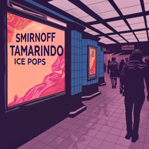At a bustling New York subway station, vibrant advertisements for Smirnoff Tamarindo Ice Pops dominate the walls. The graphic is yellow and red, with bold lettering, contrasting against the typical gray tiled surroundings.