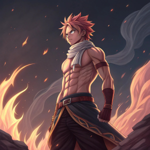 Natsu Dragneel, Fairy Tail character, standing confidently amidst swirling flames and dark colors. Anime-style illustration focusing on upper body and torso