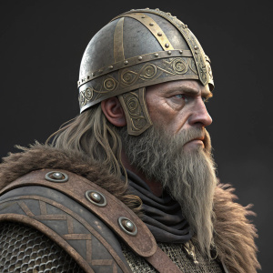Digital 3D model of a Viking warrior. Detailed facial features, including a long graying beard. Rendered in high resolution.