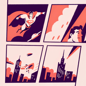 Multiple images showcasing Superman in dynamic poses. Different comic panels from DC Comics series.