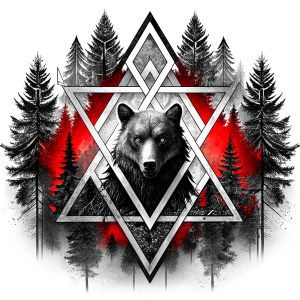 valknut runes pattern geometric symbols - bear and trees - tattoo design - perfect realistic art - high-definition - grey and black - white background 