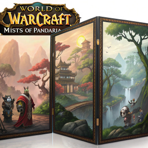 Box art for World of Warcraft: Mists of Pandaria. Multiple panels featuring diverse characters and environments. Warm and cool tones. Open box displaying intricate scenes and elements.