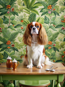 cavalier king charles spaniel sits at a table on a background of green wallpaper in birds and plants print