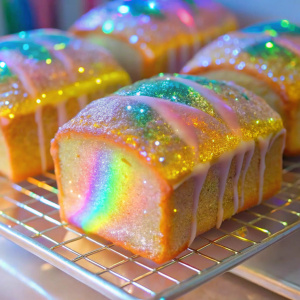 close up the bioluminescent plankton glitter, Luminous Particles, Label, #glittercore #Sparkle, image of supermarket shelf filled with vibrant many different types of  Sultana Loaf Cakes, shimmering colors, bioluminescent phenomenon, very glossy finish, glitter effects, high detail --ar 1:1 --stylize 750, 