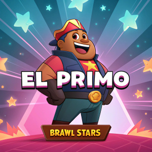 El Primo from Brawl Stars, robust cartoon character with broad build and wide smile, standing in front of a vibrant background filled with geometric shapes and bright colors. Text in both Spanish and English.