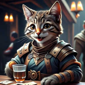 young cheeky wit, gray tabby cat tabaxi, smiling slyly, rogue DnD character holding card, playing cards in a tavern