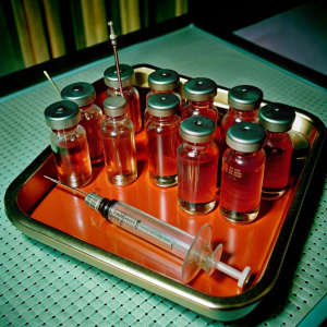 medical jars of different sizes stand on a metal tray like those of doctors, stand on a metal table, syringes lie