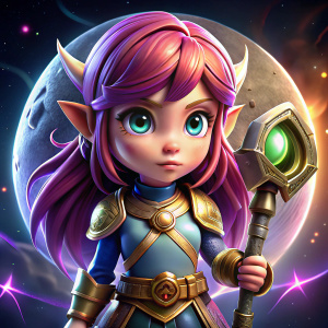duende guerrera femenina, de cabello largo hasta la espalda. de ojos color morado, sosteniendo un martillo de guerra, estilo chibi pixar, con luna background