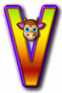 Cada letra del alfabeto con un  objeto o animal  que comienza con esa letra, "V" con una vaca.